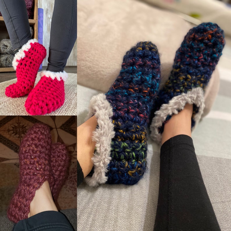 May include: Three pairs of crocheted slippers with different colors and patterns. One pair is red, one is dark blue with a white trim, and one is maroon.
