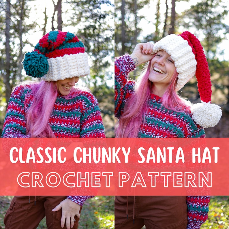 Op de afbeelding: Een haakpatroon voor een klassieke, dikke kerstmanmuts. De muts is rood, wit en groen met een witte pompon bovenop. De muts wordt gedragen door een persoon met roze haar en een rood, groen en wit gestreepte trui.