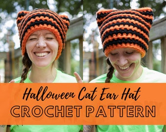May include: A person wearing a black and orange striped crocheted cat ear hat. The hat has a black and orange striped pattern. The text "Halloween Cat Ear Hat CROCHET PATTERN" is displayed on a bright orange background.