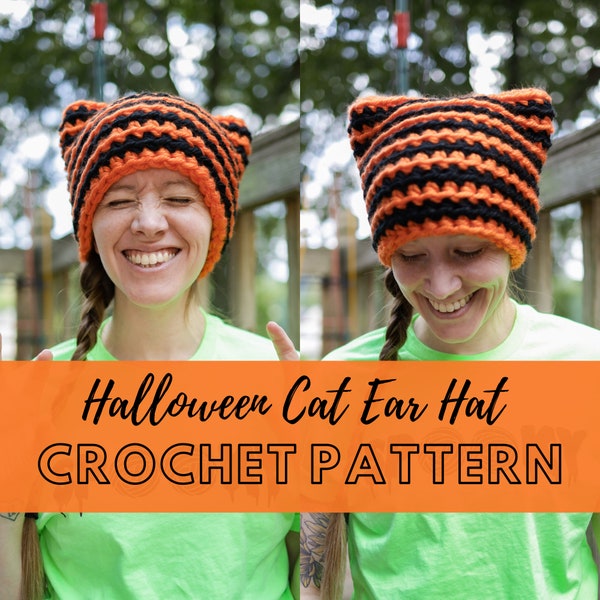 Halloween Cat Ear Hat Crochet Pattern, Chunky Cat Themed Halloween Costume Beanie, Super Bulky Yarn