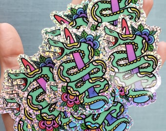 Crochet Serpent Tattoo Vinyl Sticker, Crochet Life Snake Floral Laptop Stickers, Unique Gag Gift for Crocheter