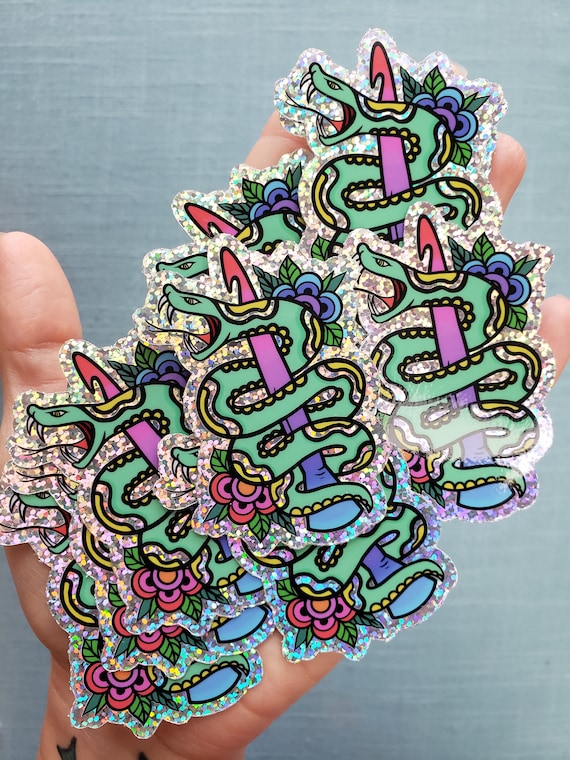 Crochet Serpent Tattoo Vinyl Sticker, Crochet Life Snake Floral Laptop Stickers, Unique Gag Gift for Crocheter