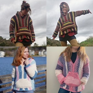May include: Three different crochet tops with a striped pattern and a pocket. The tops are in red, blue, and purple.