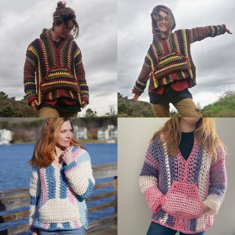May include: Three different crochet tops with a striped pattern and a pocket. The tops are in red, blue, and purple.