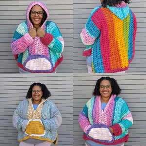 May include: Four different models wearing a rainbow striped crochet hooded cardigan with a pocket. The cardigan is made with a variety of colors, including pink, blue, green, yellow, and orange.