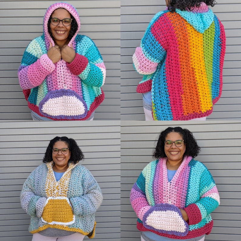 May include: Four different models wearing a rainbow striped crochet hooded cardigan with a pocket. The cardigan is made with a variety of colors, including pink, blue, green, yellow, and orange.