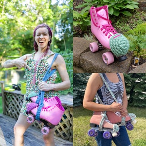 May include: Two people are wearing crocheted roller skate straps. The straps are made of blue and white yarn. The straps are attached to pink roller skates. The roller skates have black wheels and are decorated with green and white yarn.