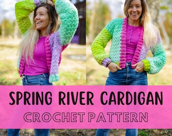 Chunky Crochet Cardigan Pattern, Easy Beginner Friendly, Simple Size Inclusive, Spring River Cardigan