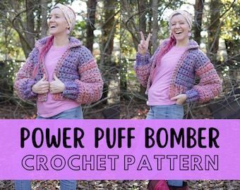 Simple SUPER Chunky Crochet Bomber Jacket Pattern, Size Inclusive, Beginner Friendly Jumbo XL Bulky Cardigan with Pockets, Power Puff Bomber