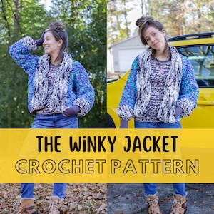 May include: A woman wearing a blue, white, and gray crocheted jacket with the text "THE WINKY JACKET CROCHET PATTERN" on a yellow background.