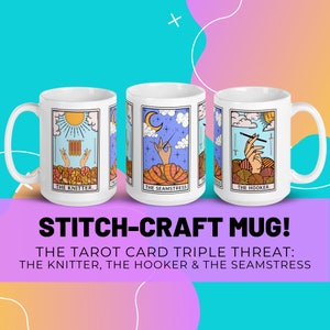 Triple Threat Stitch-Craft Mug, Crafty Tarot Card Mug, Knitter Crocheter Seamstress Gift, Funny Knitting Crocheting Sewing Gift