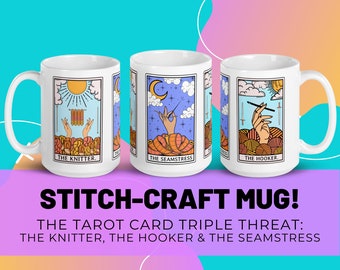 Triple Threat Stitch-Craft Mug, Crafty Tarot Card Mug, Knitter Crocheter Seamstress Gift, Funny Knitting Crocheting Sewing Gift