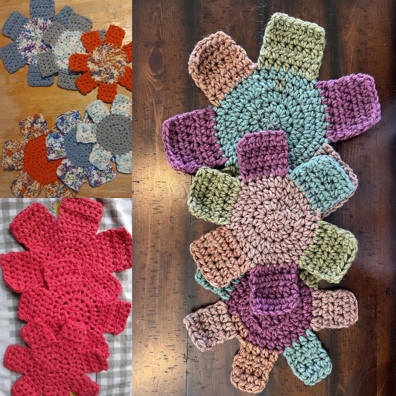 May include: A set of six crocheted flower-shaped coasters in shades of green, pink, and purple. The coasters are arranged in a stack, with the largest coaster on the bottom and the smallest coaster on top.