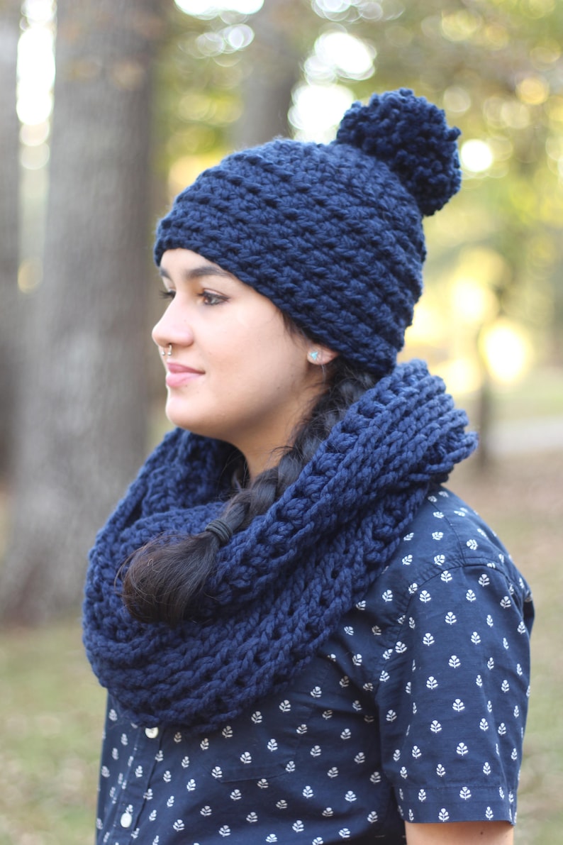 Hat Only Chunky Wool Navy Blue Crochet Pom Pom Hat Chunky Hand knit Jumbo Pom Pom Hat Warm Knitted Hat