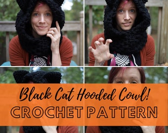 Jumbo Cat Ear Hooded Cowl Crochet Pattern, Simple Chunky Cat Themed Halloween Costume Scarf, Super Bulky Yarn