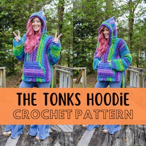 Simple Chunky Crochet Hoodie Pattern, Beginner Friendly, Size Inclusive, Super Bulky Yarn Hooded Hippie Pullover, Tonks Hoodie