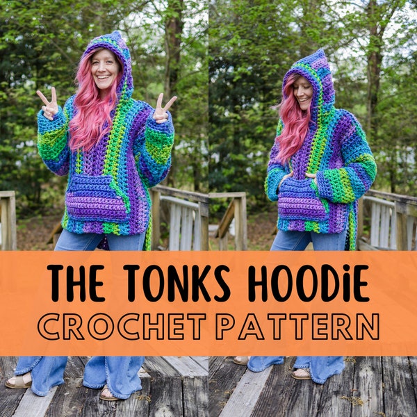 Simple Chunky Crochet Hoodie Pattern, Beginner Friendly, Size Inclusive, Super Bulky Yarn Hooded Hippie Pullover, Tonks Hoodie