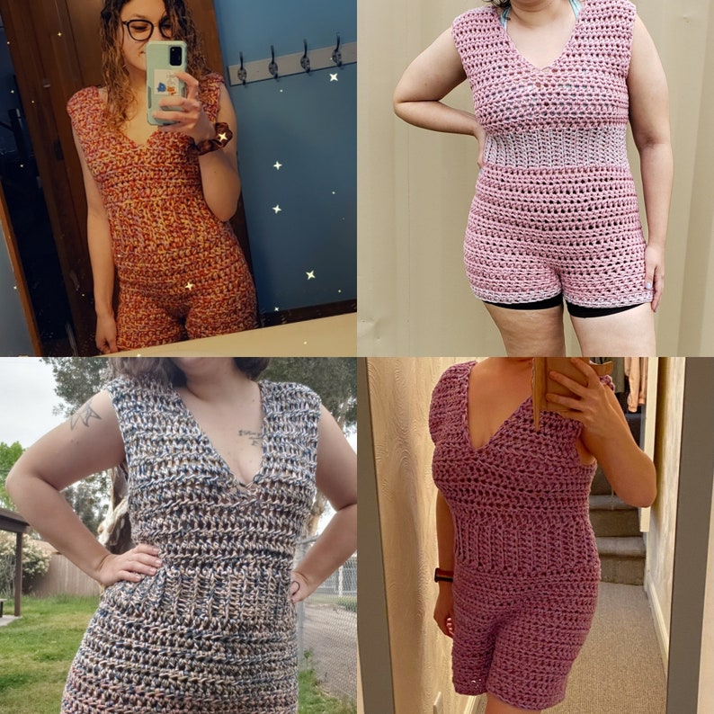 May include: Three crocheted tank tops in different colors and patterns. The first is a pink and white tank top with a wide, crocheted strap. The second is a pink tank top with a crocheted strap. The third is a blue and white tank top with a crocheted strap.