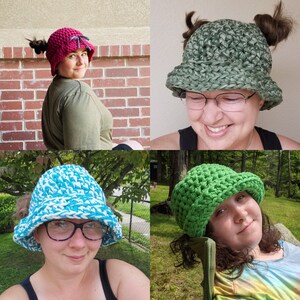 May include: Four colorful crochet bucket hats in a collage. The hats are in shades of red, green, blue, and teal. Each hat has a wide brim and is worn by a person. The hats are handmade and have a textured appearance.