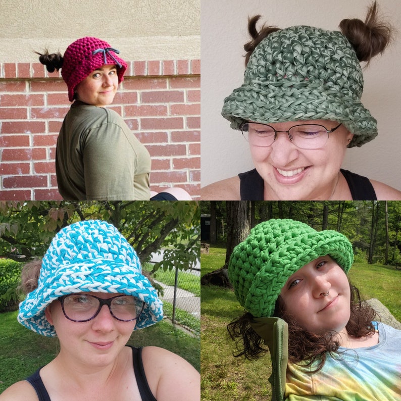 May include: Four colorful crochet bucket hats in a collage. The hats are in shades of red, green, blue, and teal. Each hat has a wide brim and is worn by a person. The hats are handmade and have a textured appearance.