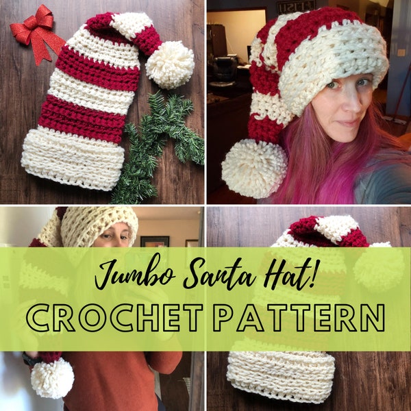 Jumbo Santa Hat Crochet Pattern, Chunky XL Christmas Hat Crochet Pattern, DIY PDF Crochet Pattern Instant Download