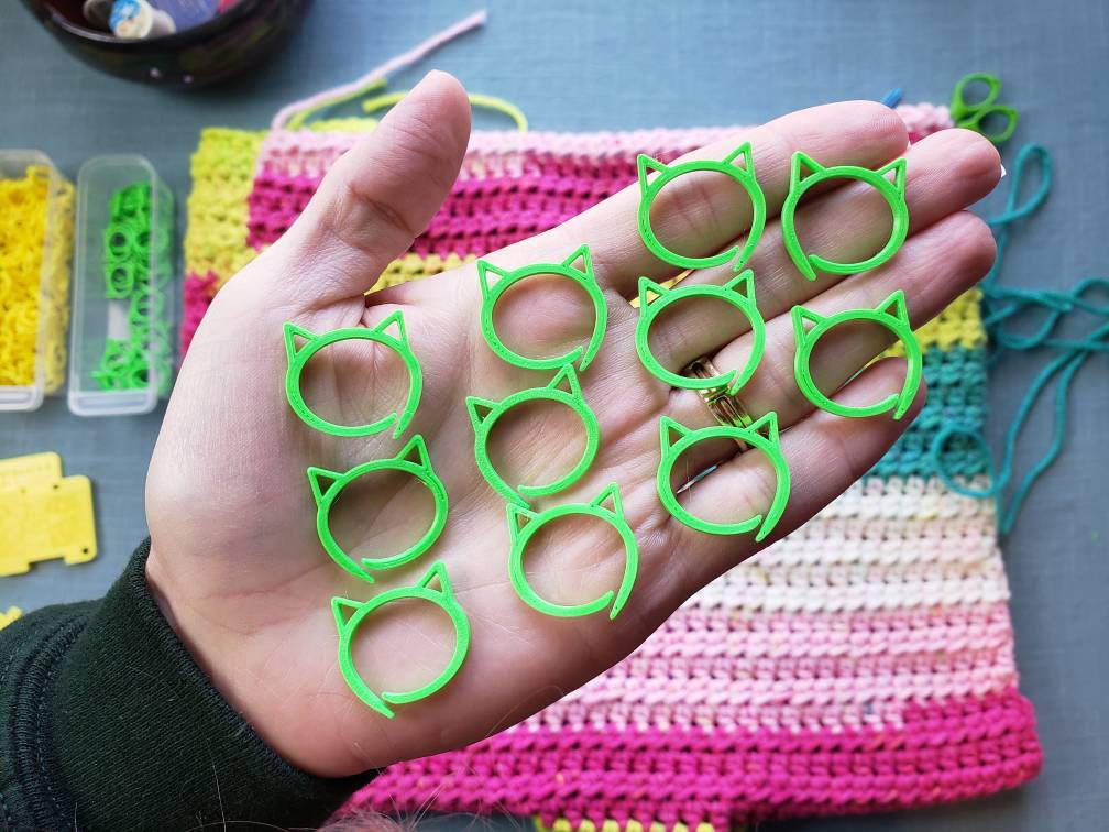 10 Pack Crochet Green Cat Stitch Markers, 3D Printed Jumbo Plastic Cat Ear Stitch  Markers, Crocheter Gift 