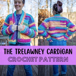 Simple Super Chunky Crochet Cardigan Pattern, Beginner Friendly, Size Inclusive, Super Bulky Yarn Sweater Pattern, Trelawney Cardigan