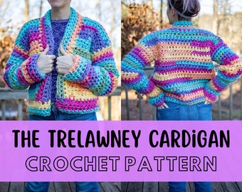 Simple Super Chunky Crochet Cardigan Pattern, Beginner Friendly, Size Inclusive, Super Bulky Yarn Sweater Pattern, Trelawney Cardigan