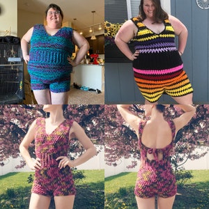 May include: Four different crochet tops in various colors and patterns. The tops are sleeveless and have a scoop neck. The tops are made with a variety of stitches and textures.