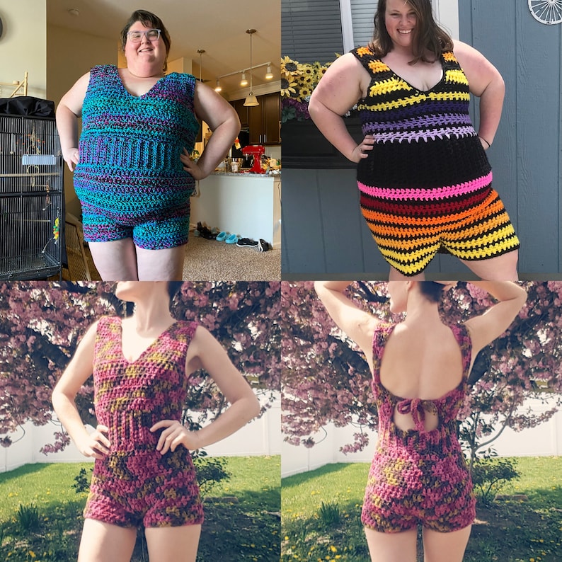 May include: Four different crochet tops in various colors and patterns. The tops are sleeveless and have a scoop neck. The tops are made with a variety of stitches and textures.