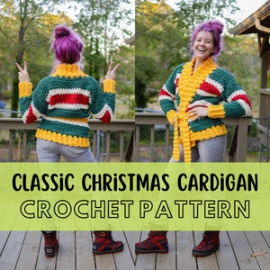 May include: A crochet cardigan with a classic Christmas color scheme of red, green, white, and yellow. The cardigan has a long, open front and a tie belt. The model is wearing the cardigan with grey jeans and red boots.