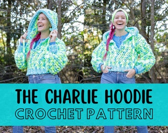 Simple Chunky Crochet Hoodie Pattern, Beginner Friendly, Size Inclusive, Super Bulky Yarn Cropped Hooded Hippie Pullover, Charlie Hoodie