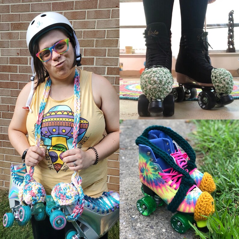 May include: A woman wearing a yellow tank top with a graphic of a UFO and the text "The Universe... At the End", a white helmet, and a crocheted rainbow strap around her neck. She is holding a pair of roller skates with crocheted covers in rainbow and tie-dye patterns. The skates have wheels with a green, yellow, and orange color scheme.