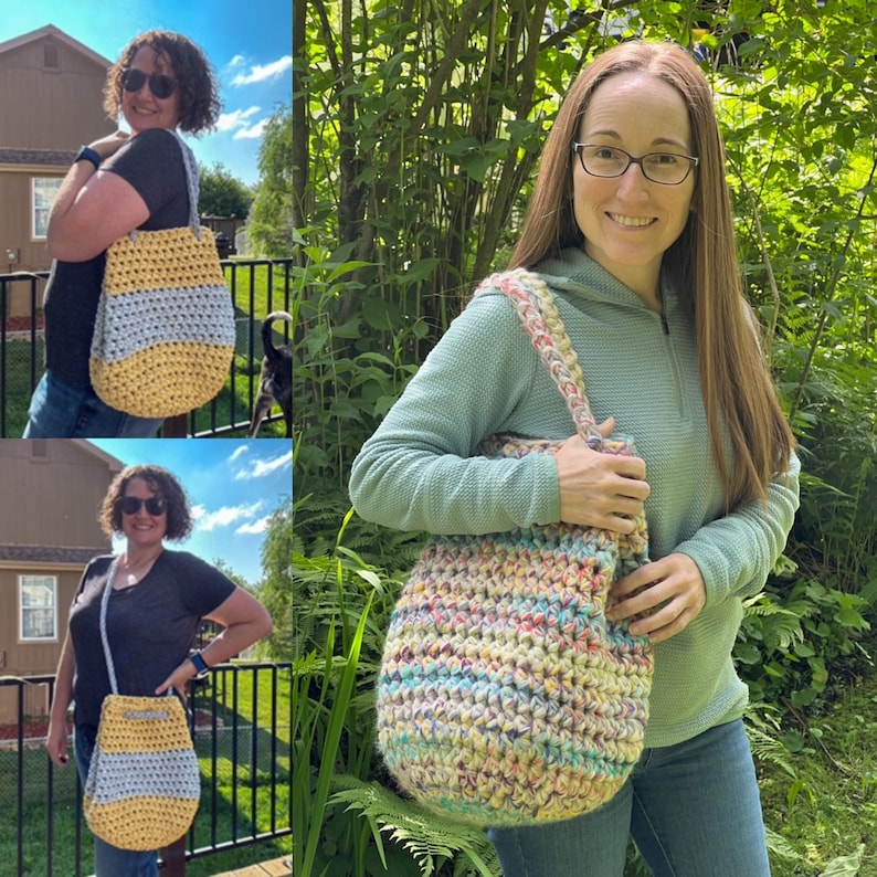 Puede incluir: Dos mujeres sostienen bolsas de mano de crochet. La bolsa de la izquierda es amarilla y blanca, mientras que la bolsa de la derecha es multicolor con un arco&iacute;ris de colores.