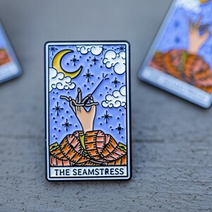 The Seamstress Tarot Card Enamel Pin, Funny Crafter Sewing Gift, Sew Crafty Life Pin, Stocking Stuffer image 2