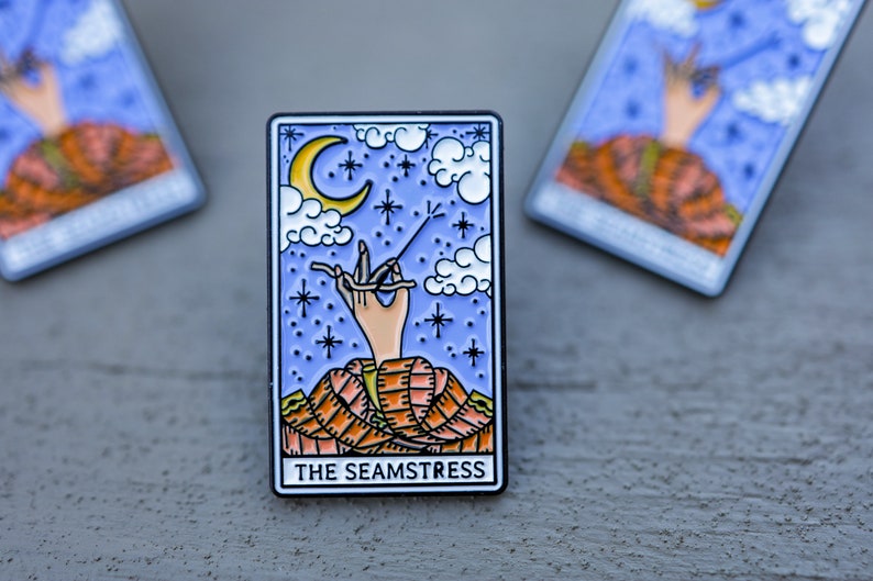 The Seamstress Tarot Card Enamel Pin, Funny Crafter Sewing Gift, Sew Crafty Life Pin, Stocking Stuffer image 2