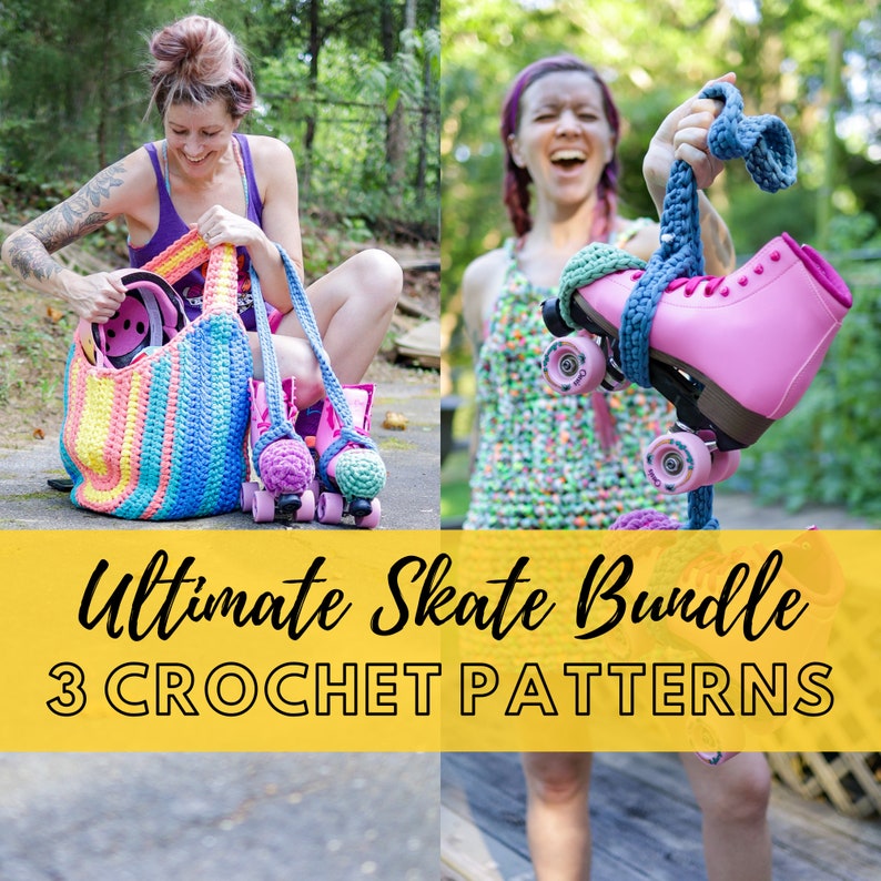 May include: A set of three crochet patterns for roller skate accessories. The patterns include a tote bag, skate straps, and skate covers. The patterns are shown in a variety of colors, including pink, blue, green, and yellow. The text "Ultimate Skate Bundle 3 CROCHET PATTERNS" is displayed on a yellow background.