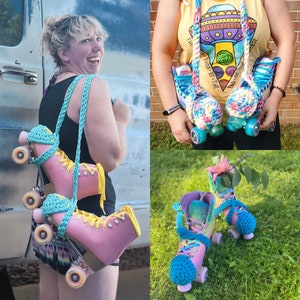 May include: A pair of pink roller skates with blue and yellow crocheted covers. The skates are being worn by a person and are attached to a blue and white crocheted strap.