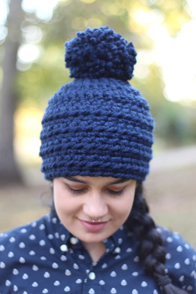 Hat Only Chunky Wool Navy Blue Crochet Pom Pom Hat Chunky Hand knit Jumbo Pom Pom Hat Warm Knitted Hat