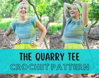 Simple Summer Crop Top Pattern, Beginner Friendly Size Inclusive Crochet T-Shirt, The Quarry Tee