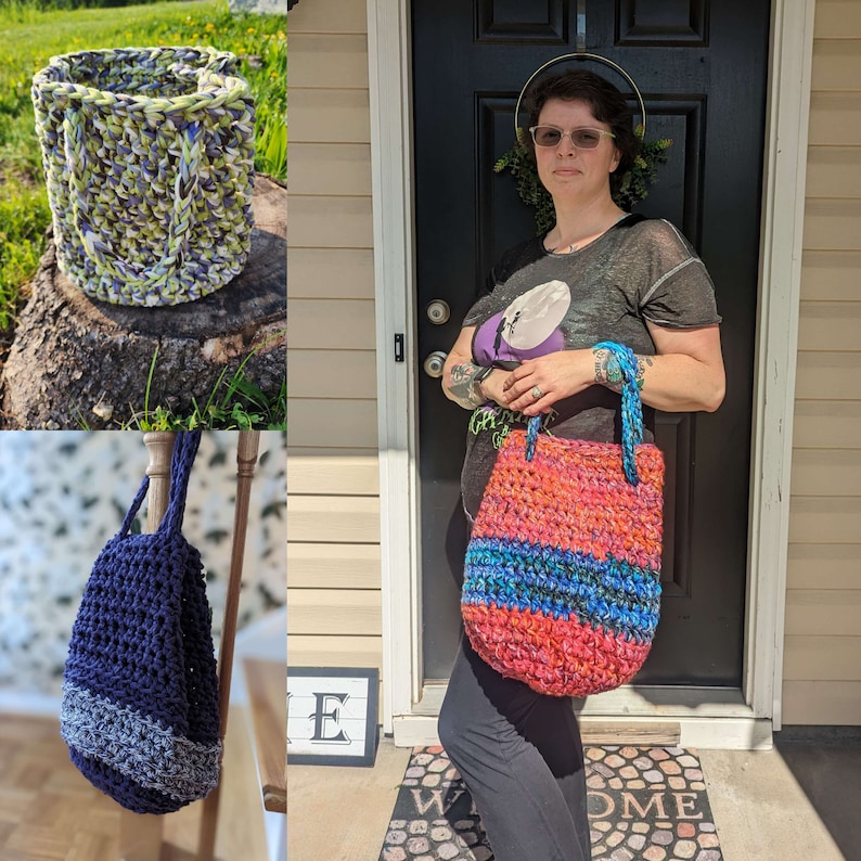 Puede incluir: Tres bolsas de crochet en diferentes colores y patrones. La primera bolsa es una bolsa peque&ntilde;a, redonda, verde y morada. La segunda bolsa es una bolsa m&aacute;s grande, rectangular, azul y gris. La tercera bolsa es una bolsa grande, rectangular, roja, azul y verde.