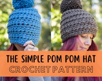Simple Super Chunky Pom Pom Hat Crochet Pattern, Quick and Easy Winter Beanie Pattern, Super Bulky yarn