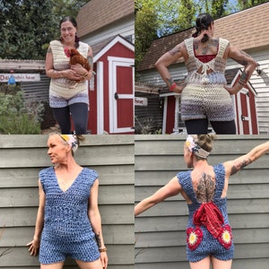 May include: Three women wearing crocheted tank tops with different designs. The tops are all sleeveless and have a loose fit. The first woman is wearing a white and blue top with a floral design. The second woman is wearing a white and blue top with a geometric design. The third woman is wearing a red and white top with a floral design.