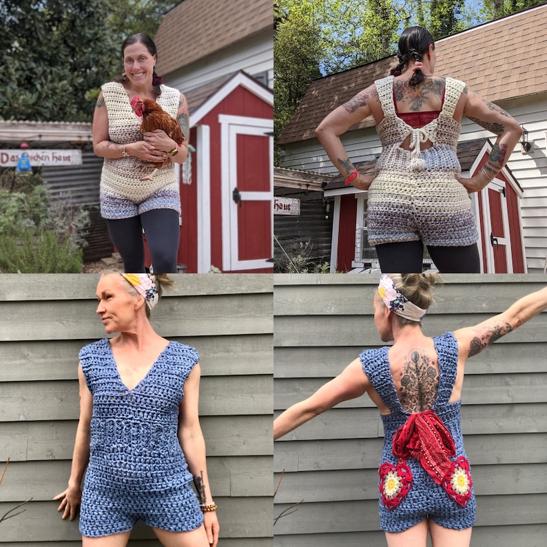 May include: Three women wearing crocheted tank tops with different designs. The tops are all sleeveless and have a loose fit. The first woman is wearing a white and blue top with a floral design. The second woman is wearing a white and blue top with a geometric design. The third woman is wearing a red and white top with a floral design.