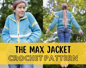 Easy Chunky Crochet Track Jacket Pattern, Size Inclusive, Bulky Cardigan with Pockets, The Max Jacket