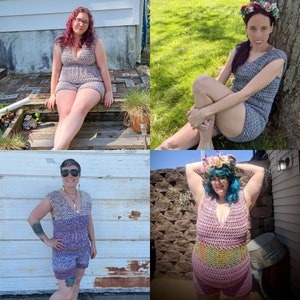 May include: Four women wearing different crochet tops. The tops are in various colors and patterns. The women are standing in different poses and locations.