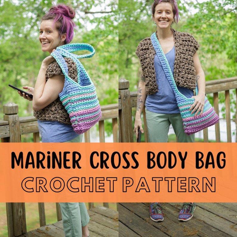 Super Simple Crochet Cross Body Bag Pattern, Beginner Friendly Easy Chunky Crochet Purse Pattern, Super bulky yarn, Mariner Cross Body Bag image 1