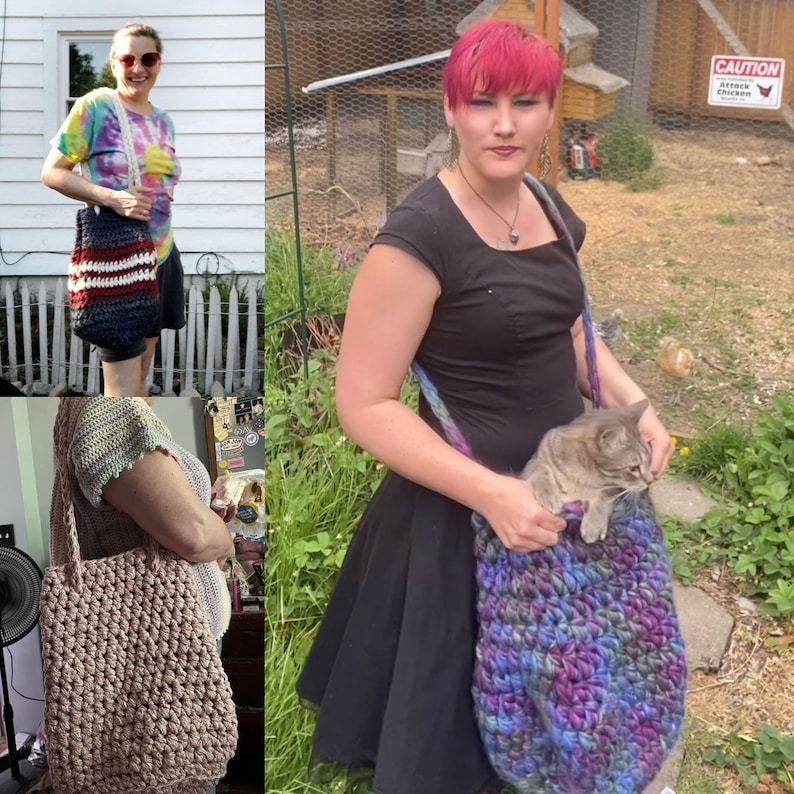 Puede incluir: Tres bolsas de mano de ganchillo en diferentes colores y patrones. La primera bolsa es de rayas azules y blancas con una raya roja. La segunda bolsa es de color marr&oacute;n claro. La tercera bolsa es una mezcla de morado, azul y verde.