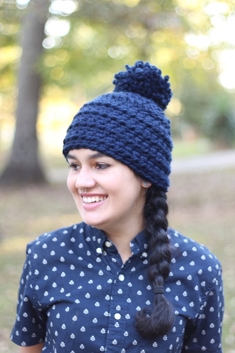 Hat Only Chunky Wool Navy Blue Crochet Pom Pom Hat Chunky Hand knit Jumbo Pom Pom Hat Warm Knitted Hat