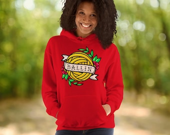 Ballin Yarn Tattoo Unisex Hoodie, Funny Gift for Crocheter or Knitter, Fiber Art Hooded Sweatshirt